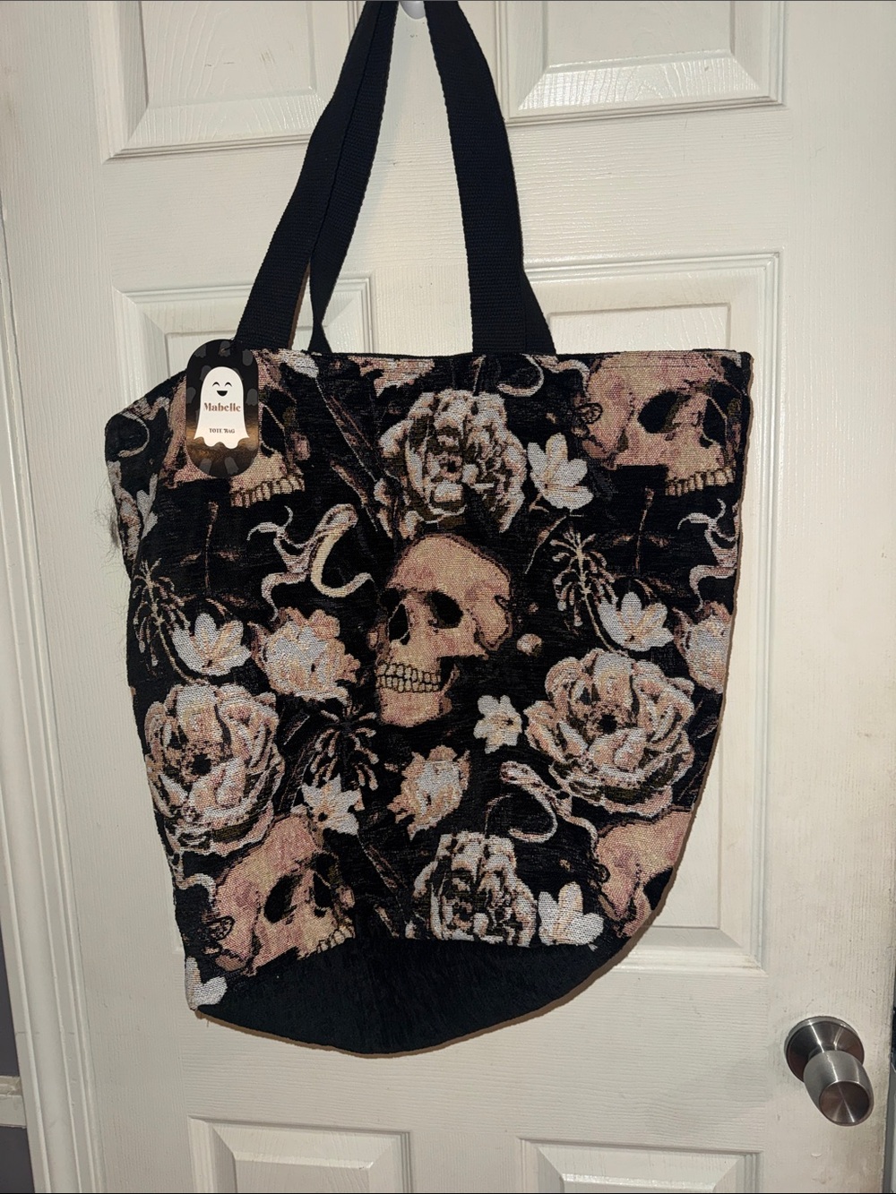 Floral Skull Tote Bag in Black and Blush